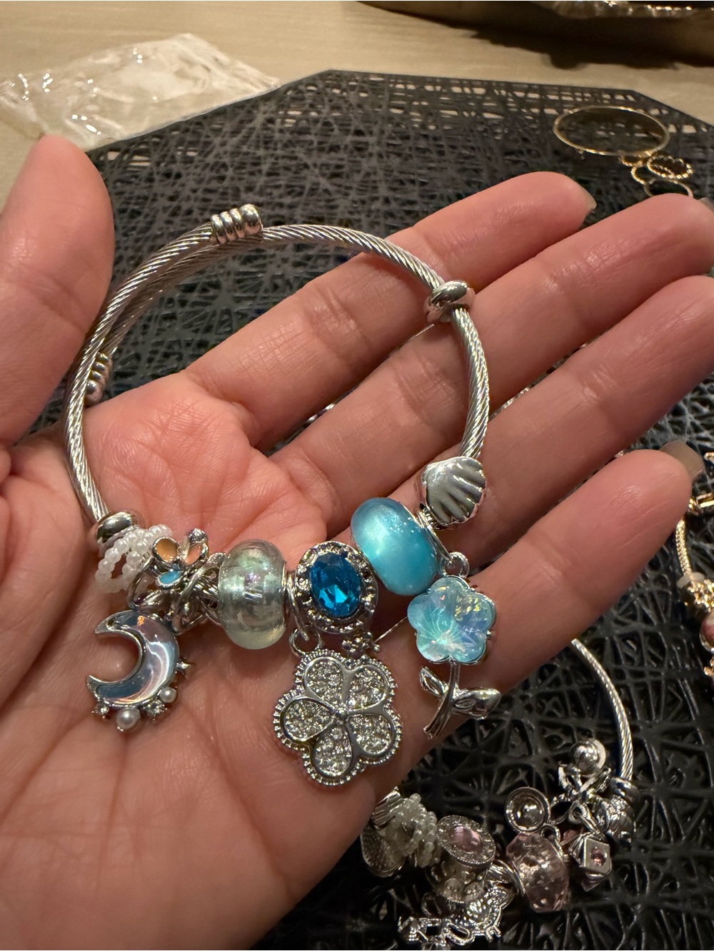 Silver Blue Charm Bracelet with Turquoise & Crystal Accents